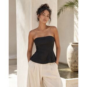 Bamboo Blonde 100% Linen Black Strapless Corset Peplum Top Women’s Size 10 Bali